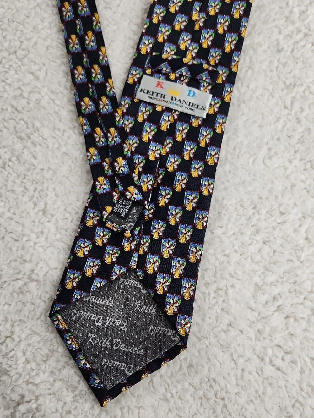 Silk Navy Men's Tie w Christmas Holiday Bell Motif, Keith Daniels